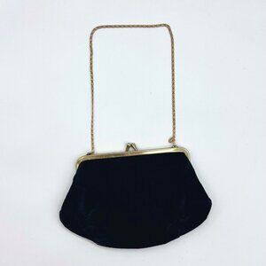 Vintage Avon Black Velvet Evening Bag Kiss Lock Purse Gold Chain Mini Wristlet